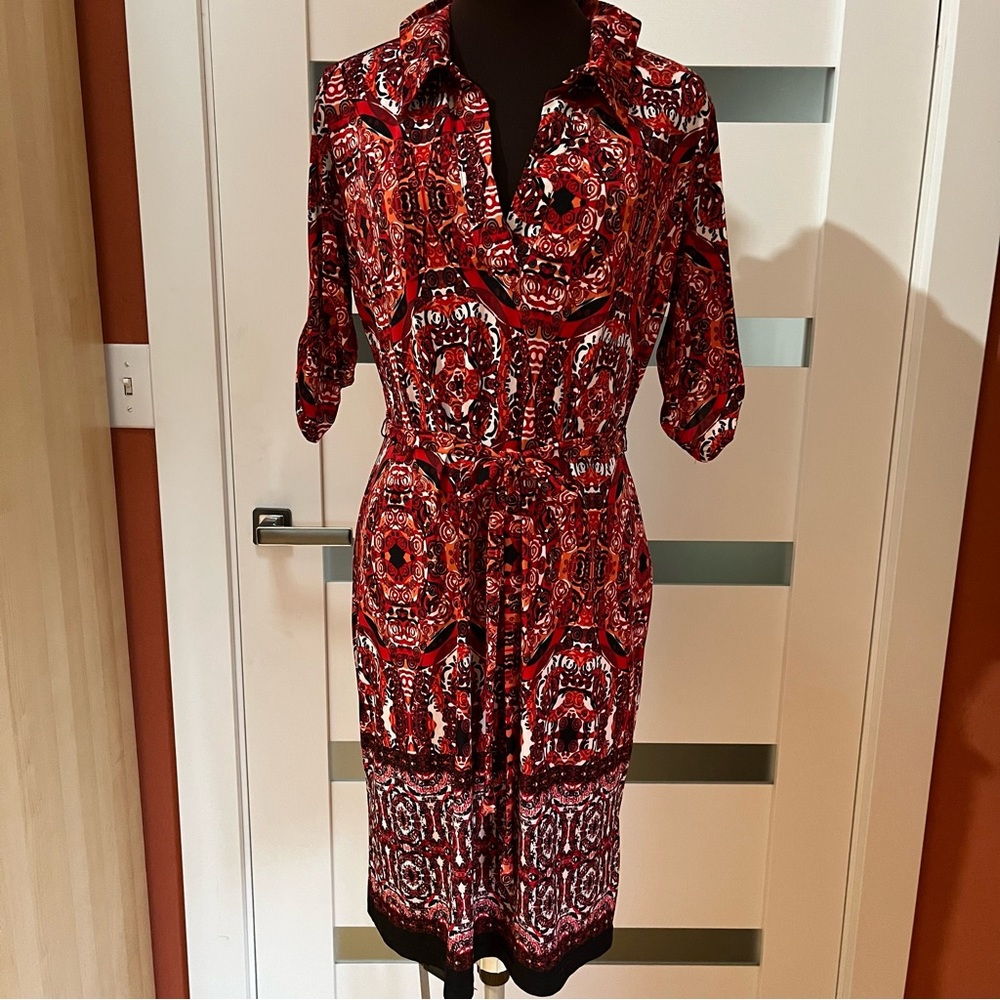 EUC Mlle Gabrielle patterned midi collared dress long 3/4 sleeves